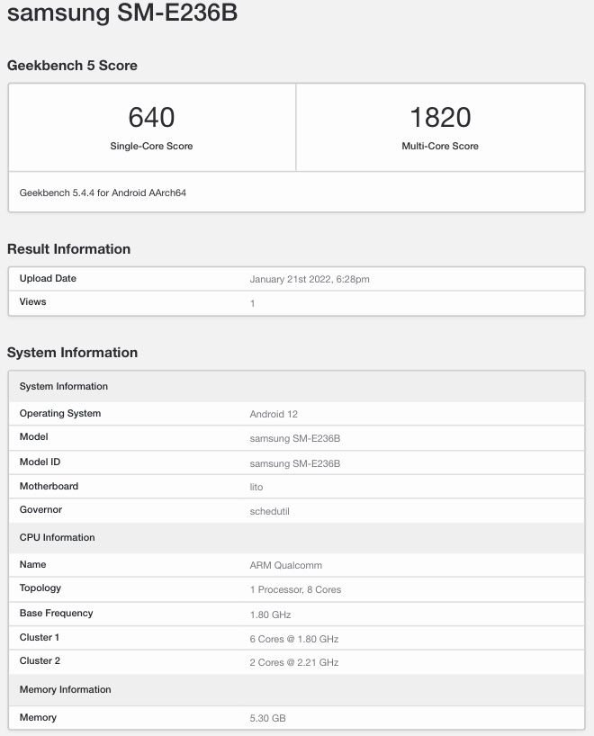 Geekbench раскрыл некоторые характеристики смартфона Samsung Galaxy F23 5G