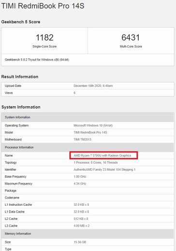 RedmiBook Pro 14S с новым процессором AMD Ryzen 7 5700U замечен в Geekbench