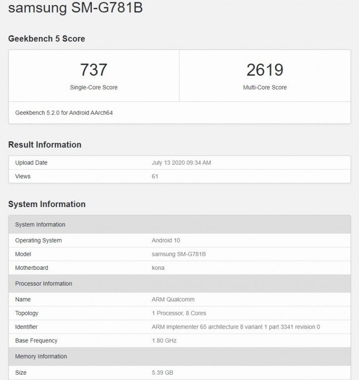 Смартфон Samsung Galaxy S20 Lite появился в Geekbench