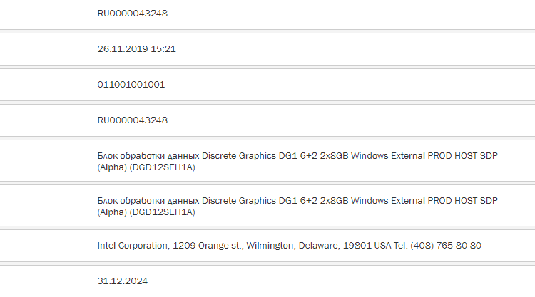 Новые модификации дискретной графики Intel DG1 замечены в таможенной базе ЕЭК