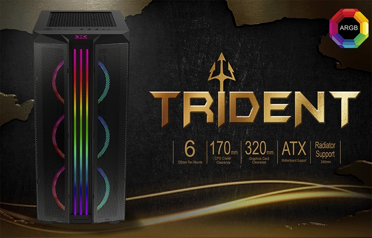 Фронтальную панель ПК-корпуса Xigmatek Trident пересекают три RGB-полосы