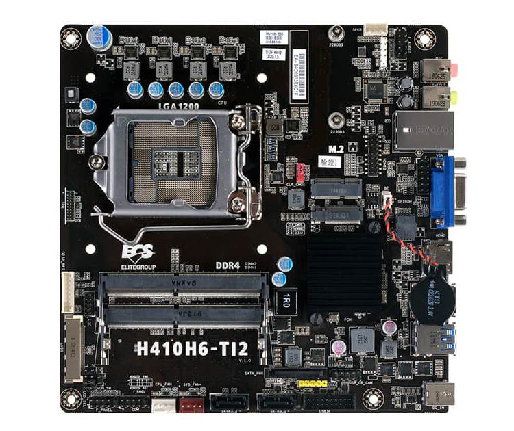 Плата ECS H410H6-TI2 для процессоров Intel LGA 1200 имеет формат Thin Mini ITX