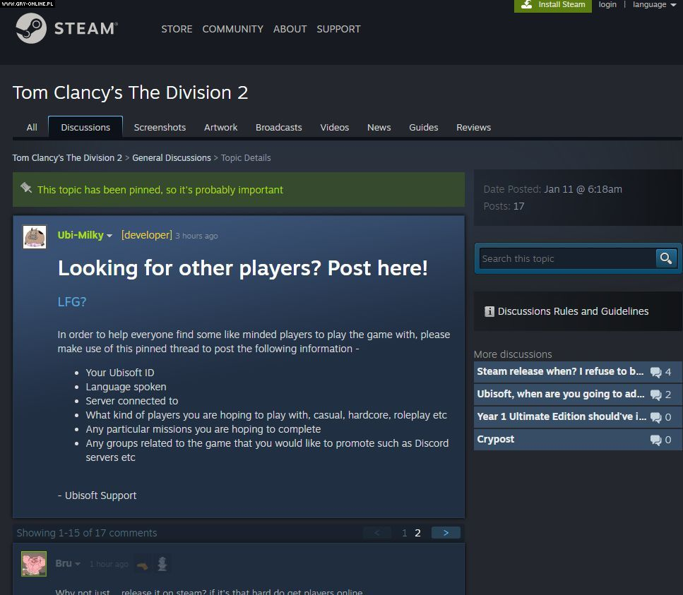 The Division 2 нет в Steam, но Ubisoft использовала форум магазина для помощи игрокам с поиском группы