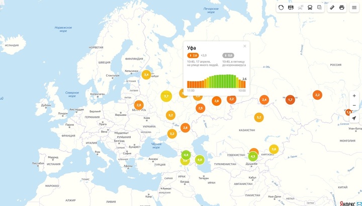 Индекс самоизоляции в Уфе опустился до критической отметки в 2,6 балла