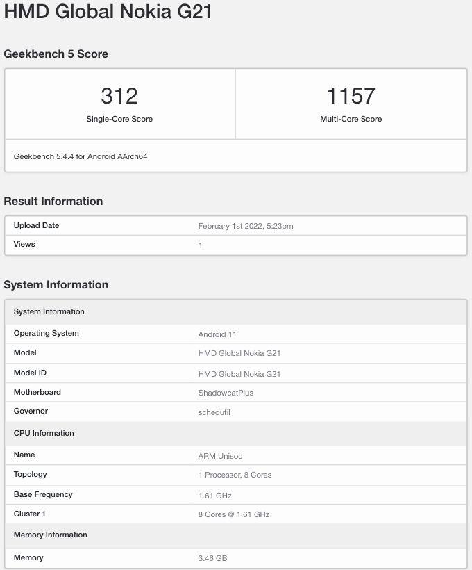 Nokia G21 с чипсетом Unisoc засветился в Geekbench