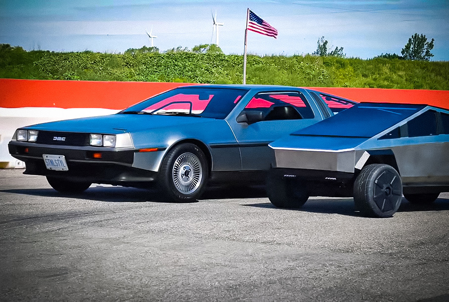 Видео: DeLorean из «Назад в будущее» сразился в дрэге с миниатюрным Tesla Cybertruck