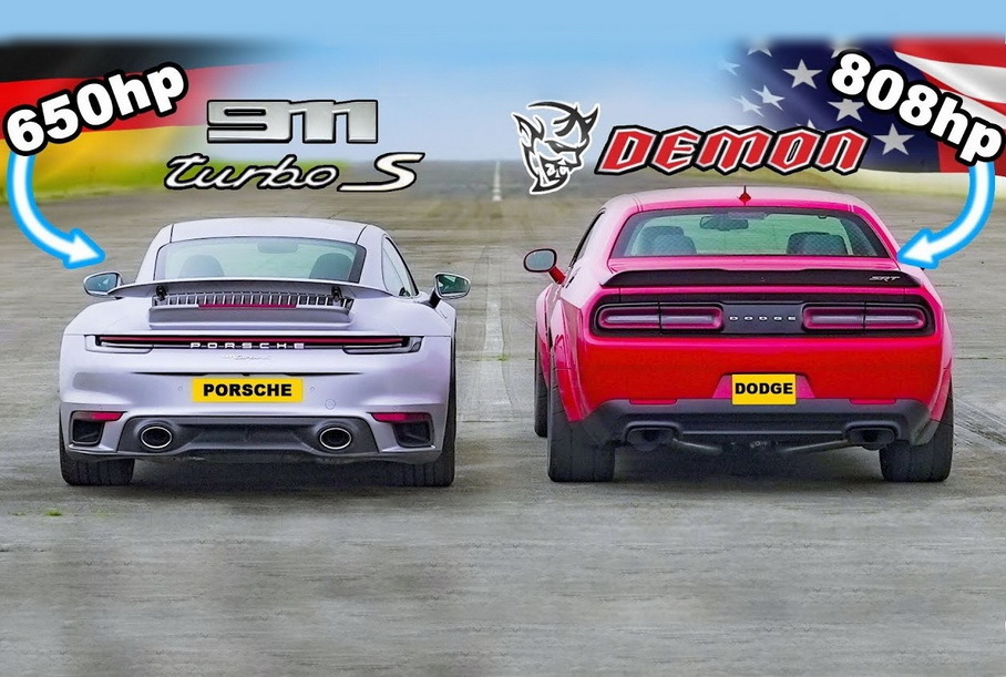 Дрэг-гонка: Dodge Challenger Demon против Porsche 911 Turbo S