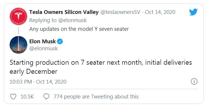 Tesla начнет выпуск семиместного варианта электромобиля Model Y в следующем месяце