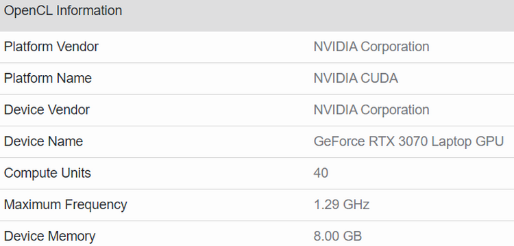 Мобильная GeForce RTX 3070 оказалась до 40 % быстрее RTX 2070 Max-Q в тесте Geekbench OpenCL