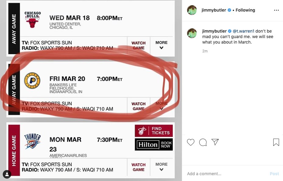 Джимми Батлер выложил скриншот календаря с обведенным матчем против «Индианы»